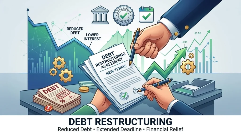Formal debt reduction, deadline extension, or financial restructuring granted to help a borrower overcome distress.