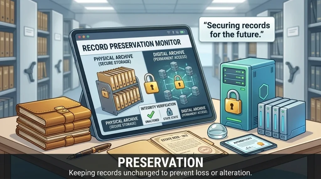 Keeping physical or digital records in their exact original state to prevent loss or alteration over time.