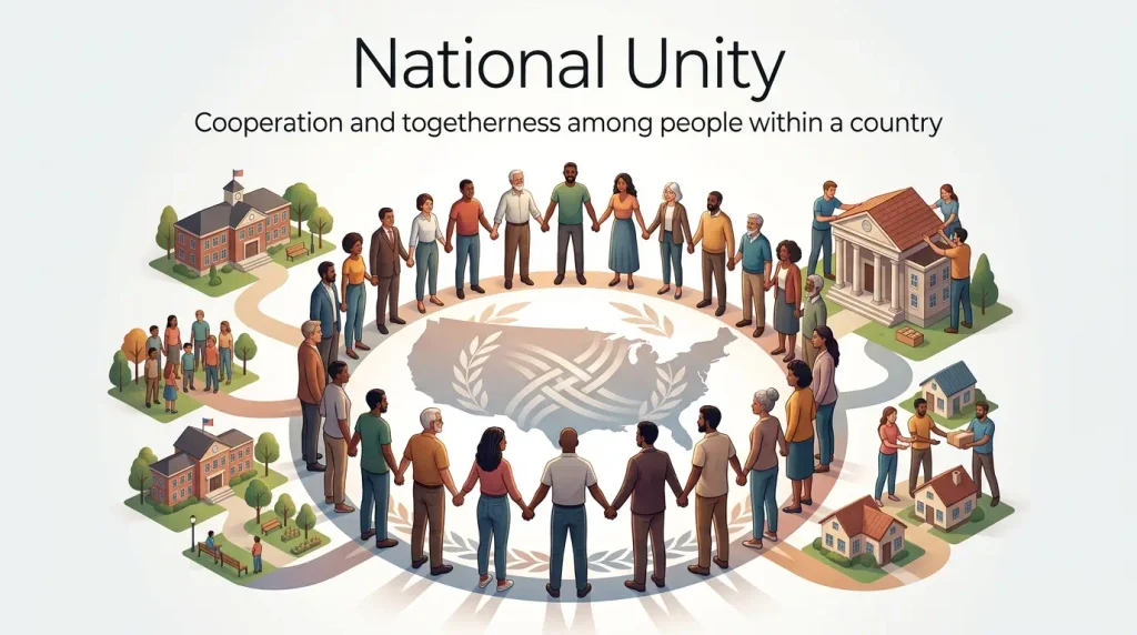 Meaning: National unity refers to cooperation and togetherness among people within a country.