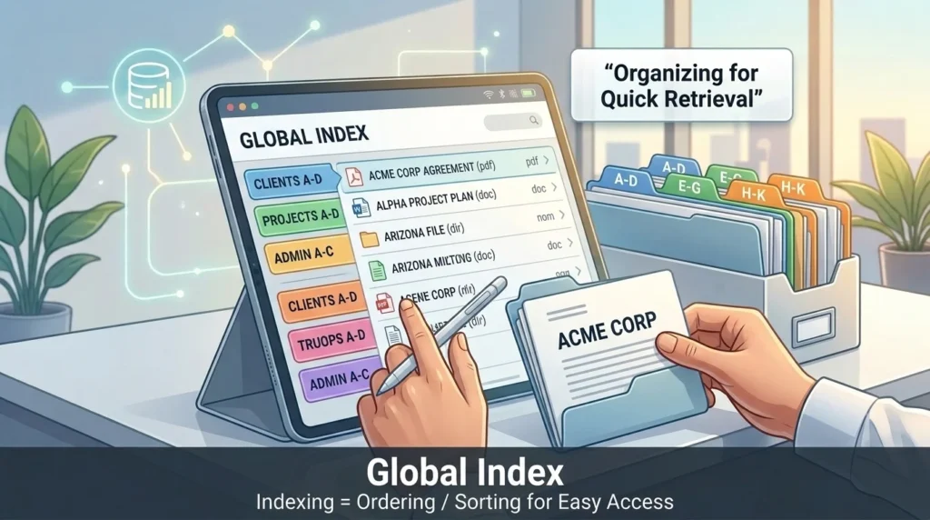 Organizing items, files, or information into an ordered index for rapid retrieval.