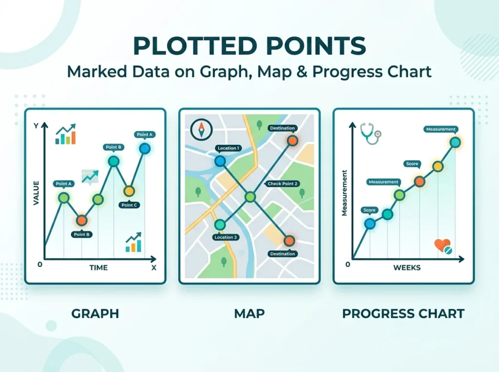 : Plotted points on a graph, map, or medical progress record.