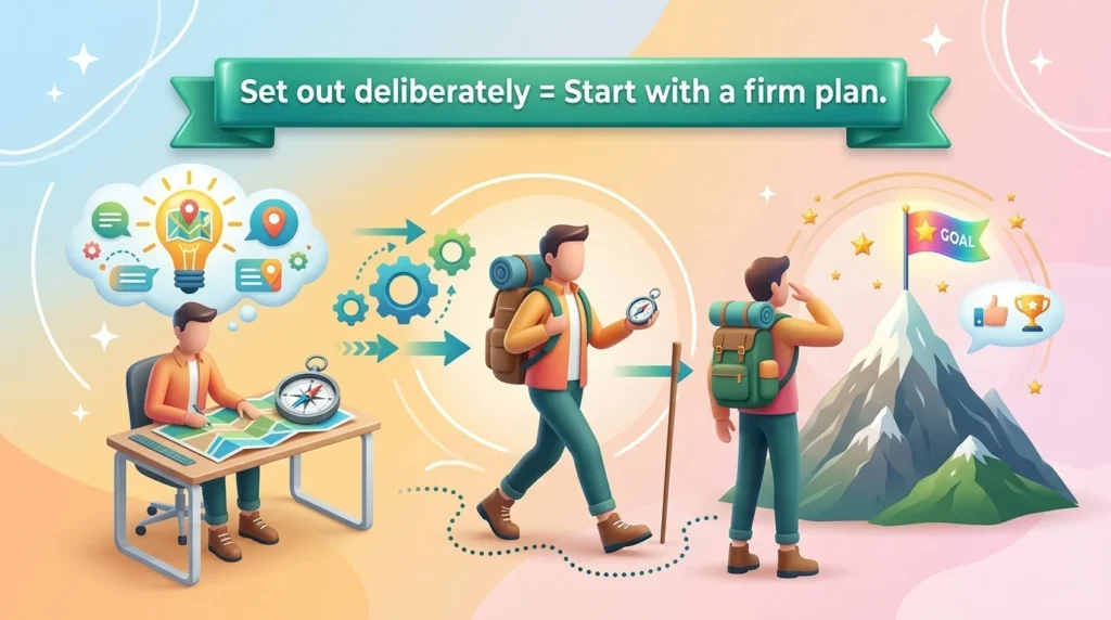 Set out deliberately with a firm resolution or design.