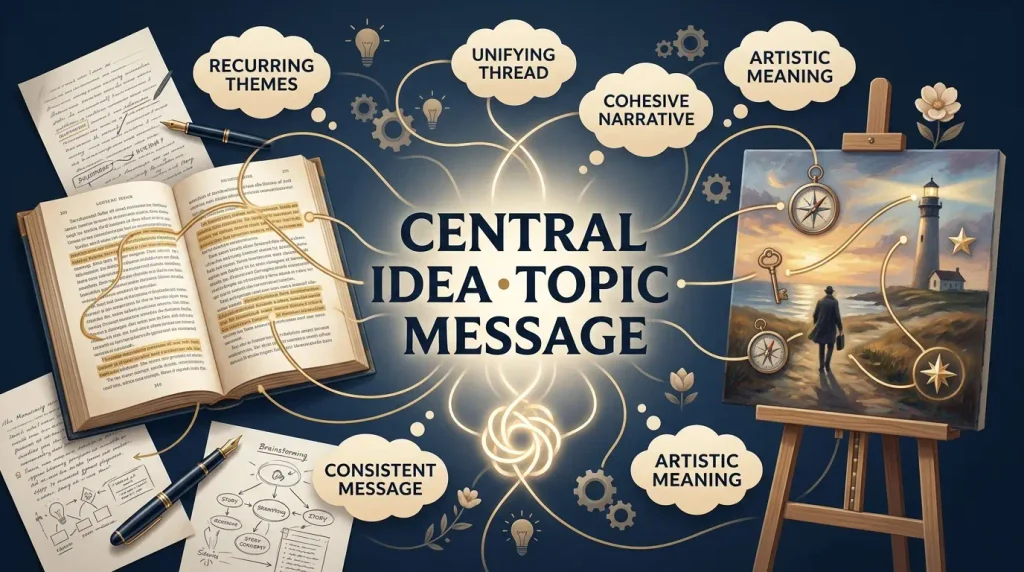 The central idea, topic, or message running through a work of art or writing