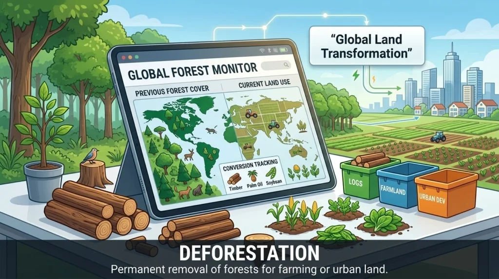 The widespread, permanent removal or clearing of forest areas for agricultural or urban land use.