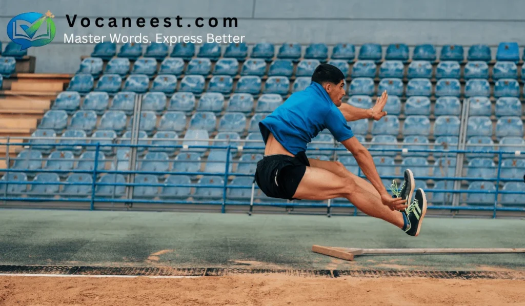 To jump a high distance or long distance forward with force.