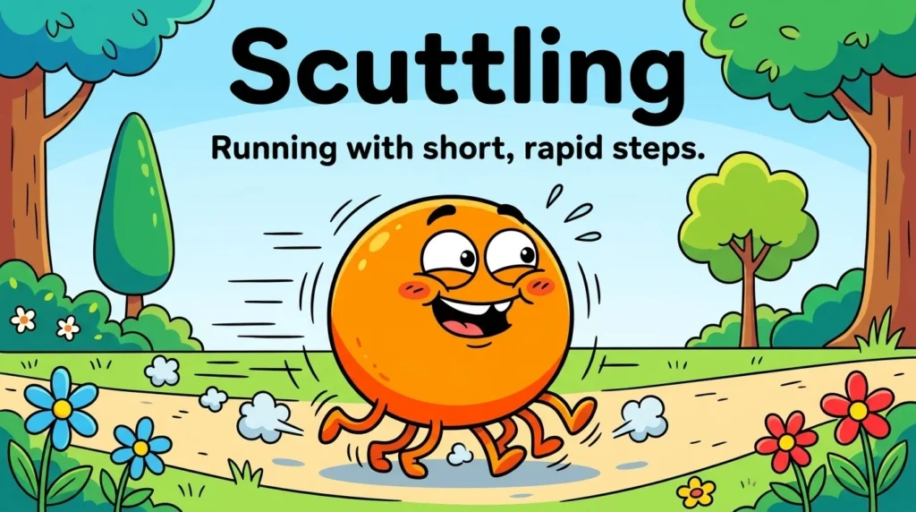 Running hurriedly with short, rapid, scuttling footsteps.
