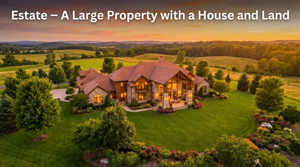 An extensive area of land with a large house, or property collectively.