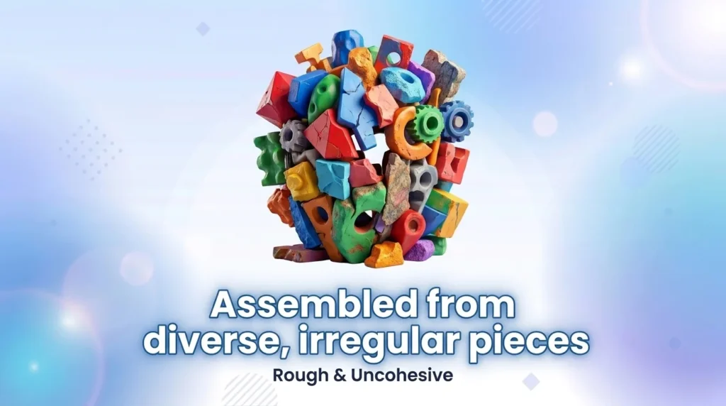 Assembled from diverse, irregular pieces that lack a smooth, cohesive finish.