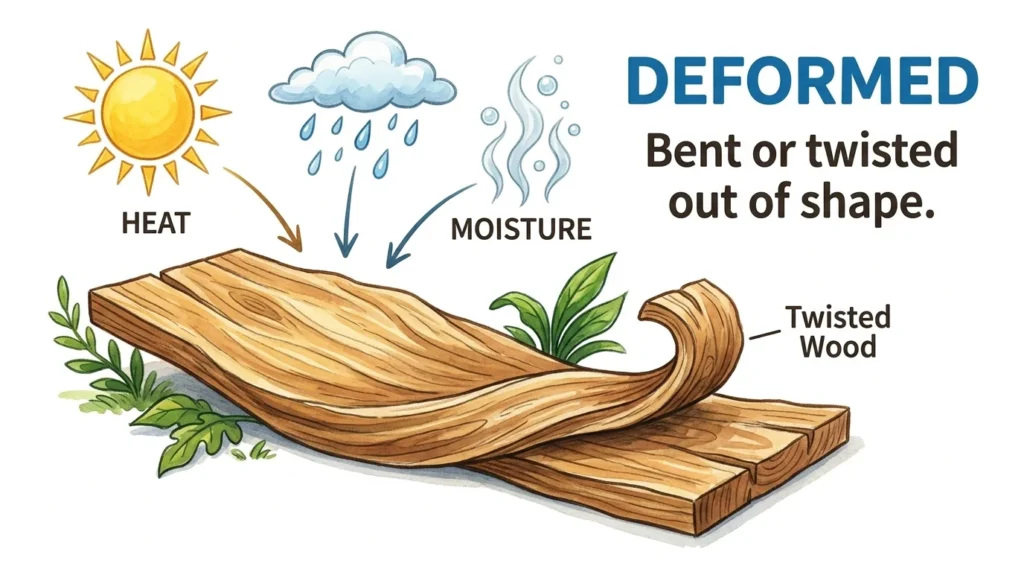 Bending or twisting out of shape, typically through heat or moisture.