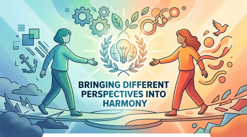 Bringing two different perspectives, parties, or ideas into harmony and awareness.