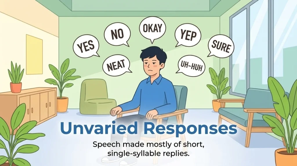 Describing speech consisting mostly of short, single-syllable, unvaried responses.
