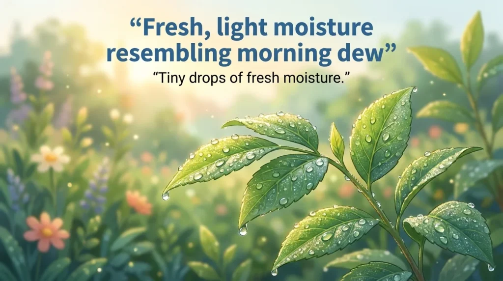 Fresh, light moisture resembling morning dew.
