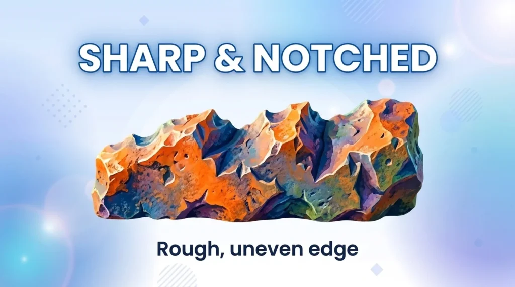Having a sharp, rough, or deeply notched edge or surface.