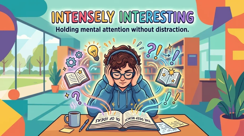 Intensely interesting; holding mental attention without distraction.