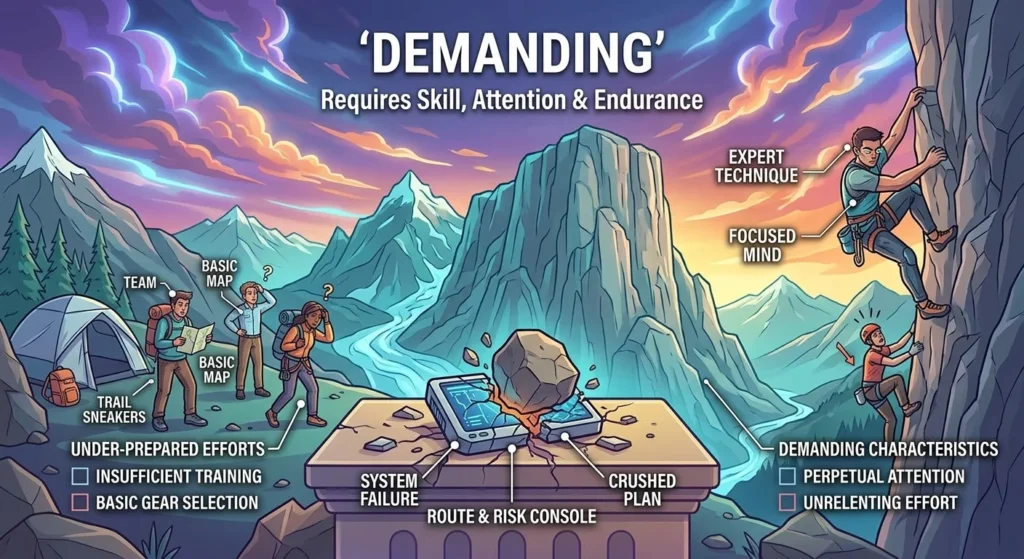 Making severe demands on one's skill, attention, or endurance.