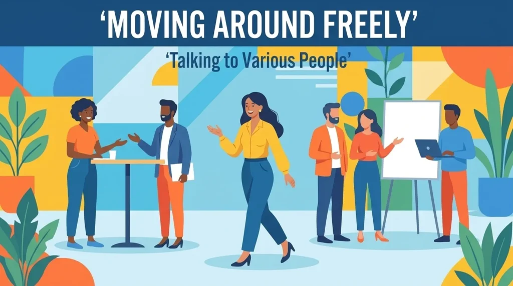 Moving around freely within a group to talk to various people.