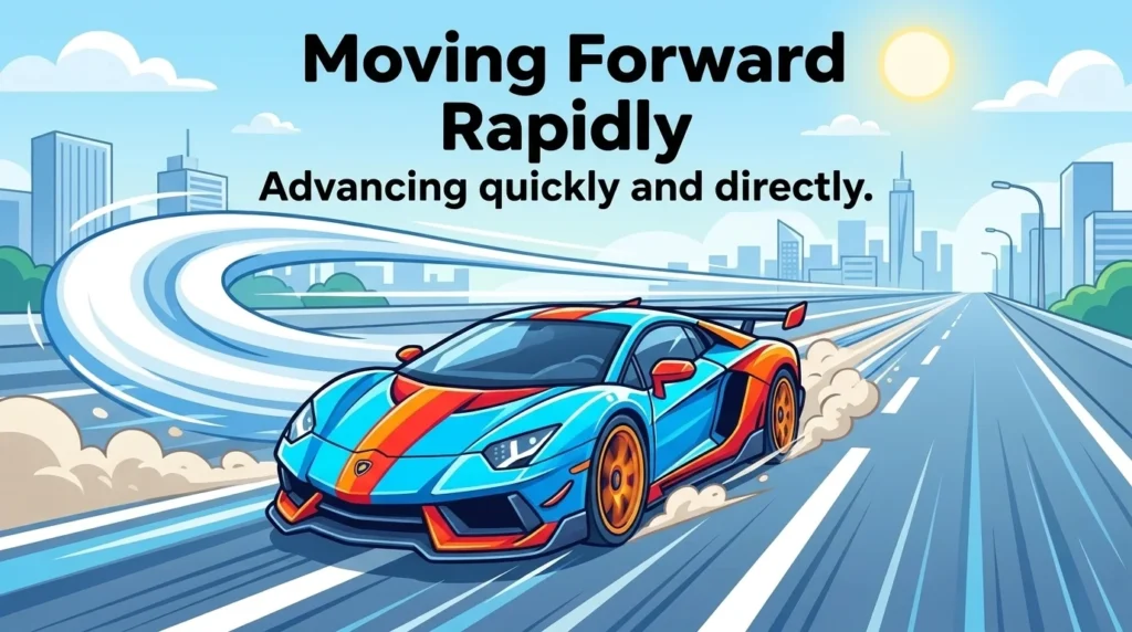 Moving forward rapidly and aggressively in a direct line.