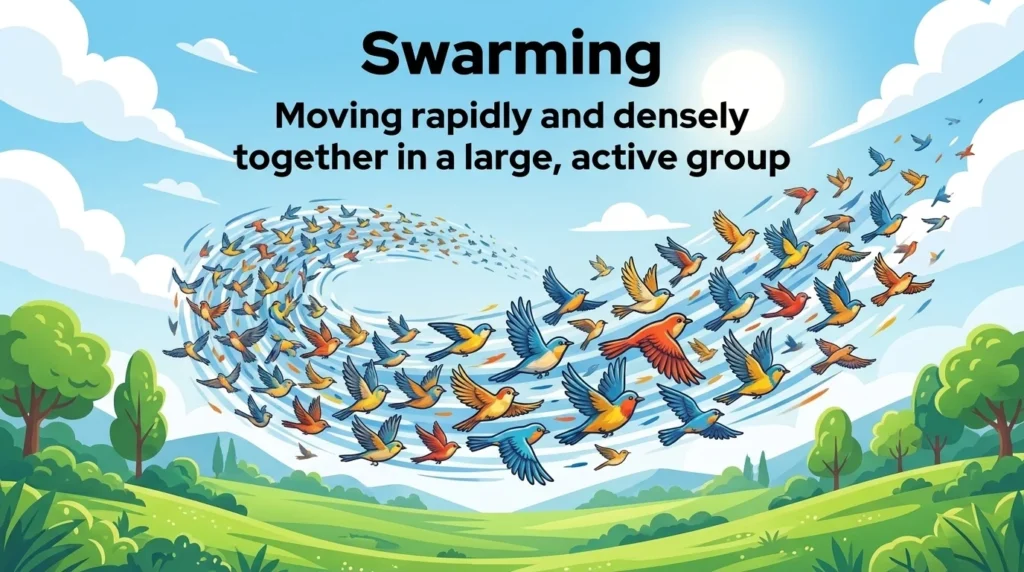 Moving rapidly and densely together in a large, active group.