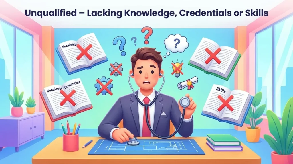 Not having the necessary knowledge, credentials, or skills.