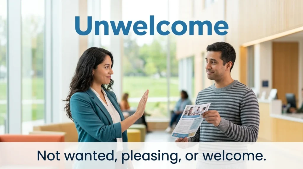 Not wanted, pleasing, or welcome in a given situation.