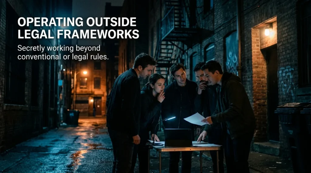 Operating secretly outside conventional or legal frameworks.