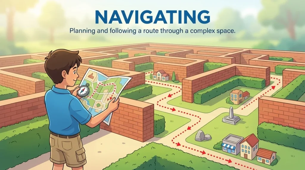 Planning and executing movement through a complex route or space.