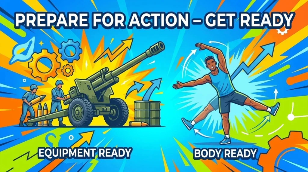  Preparing artillery or equipment for action; warming up for activity.