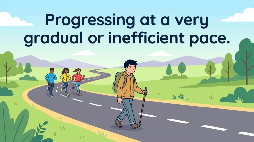 Progressing at a very gradual or inefficient pace.