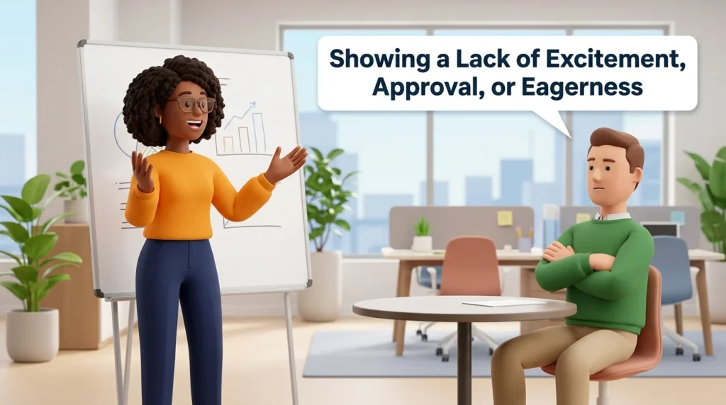 Showing a lack of excitement, approval, or eagerness.