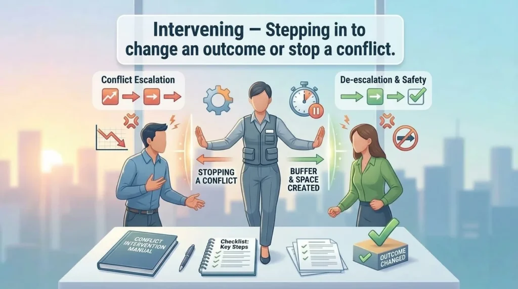 Stepping into a situation deliberately to alter an outcome or stop a conflict.