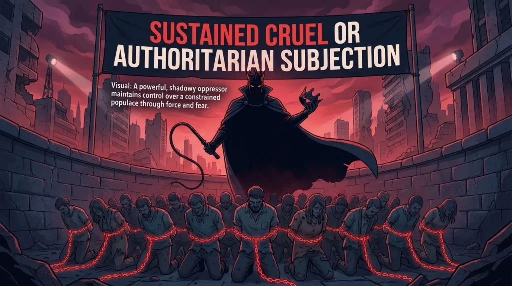 Sustained cruel or authoritarian subjection of a group or populace.