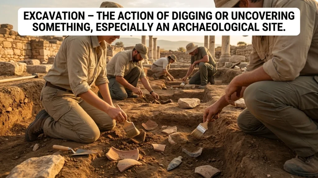 The action of excavating something, especially an archaeological site or pit.