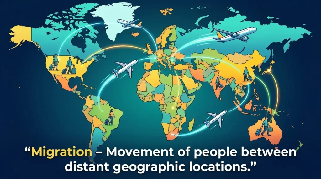 : The movement of people between distant geographic locations.
