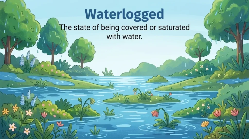 The state of being covered or saturated with water or liquid.