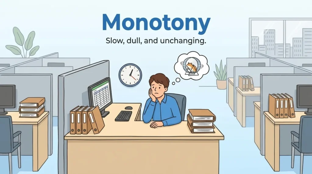 The state of being slow, dull, and unremittingly monotonous.