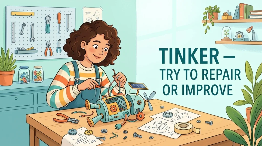 To attempt to repair or improve something in a casual or experimental way.