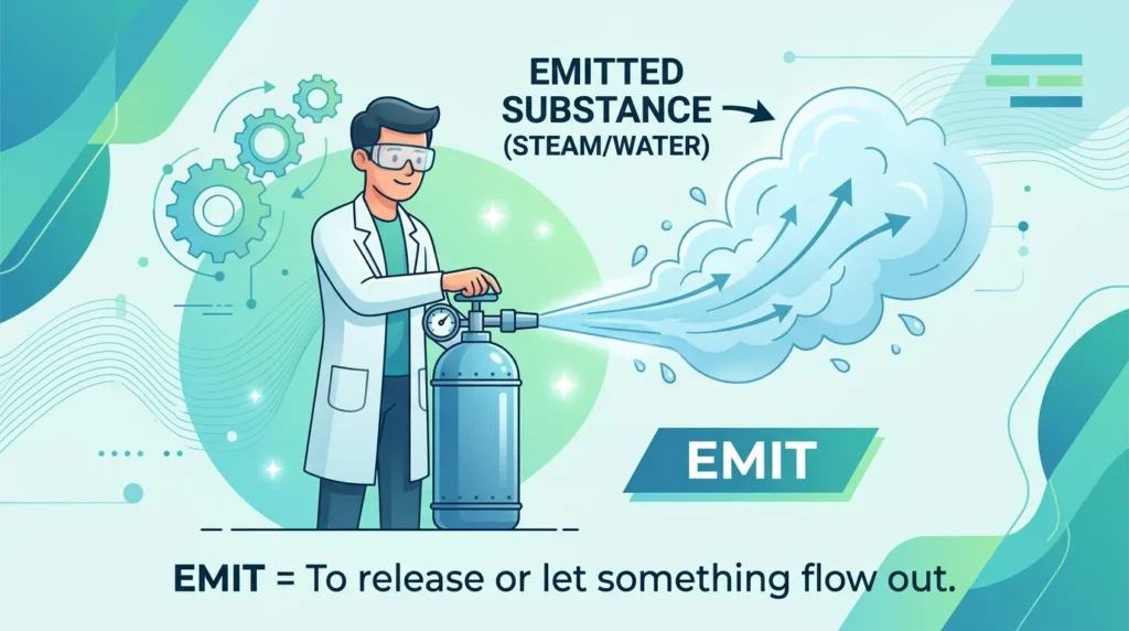 To emit, release, or allow a substance or energy to flow out.