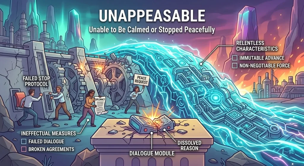 Unable to be appeased, pacified, or stopped by peaceful means.