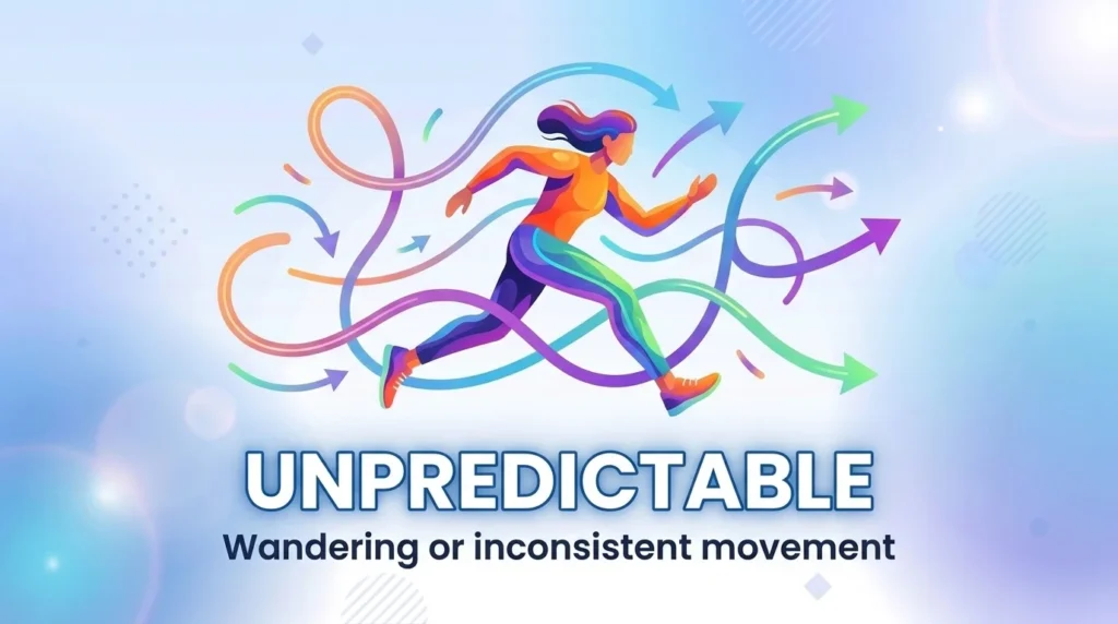 Unpredictable, wandering, or lacking consistency in movement or behavior.