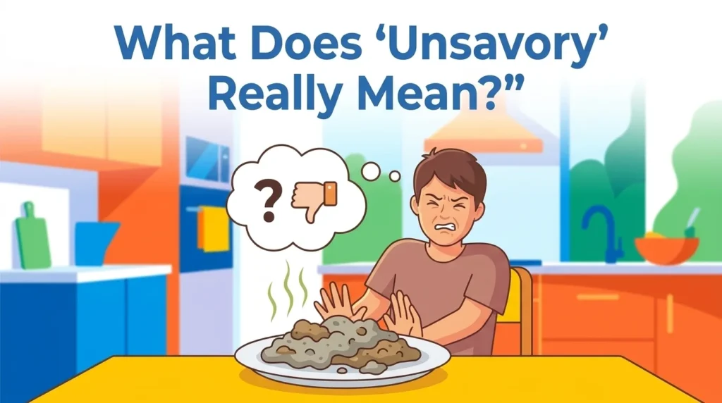 Unsavory meaning and synonym for unsavory explained with a clear visual example.