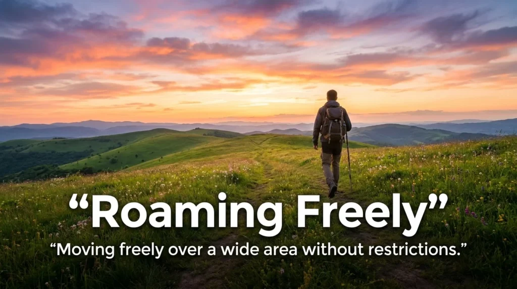 Walking or traveling freely over a wide area without restrictions.