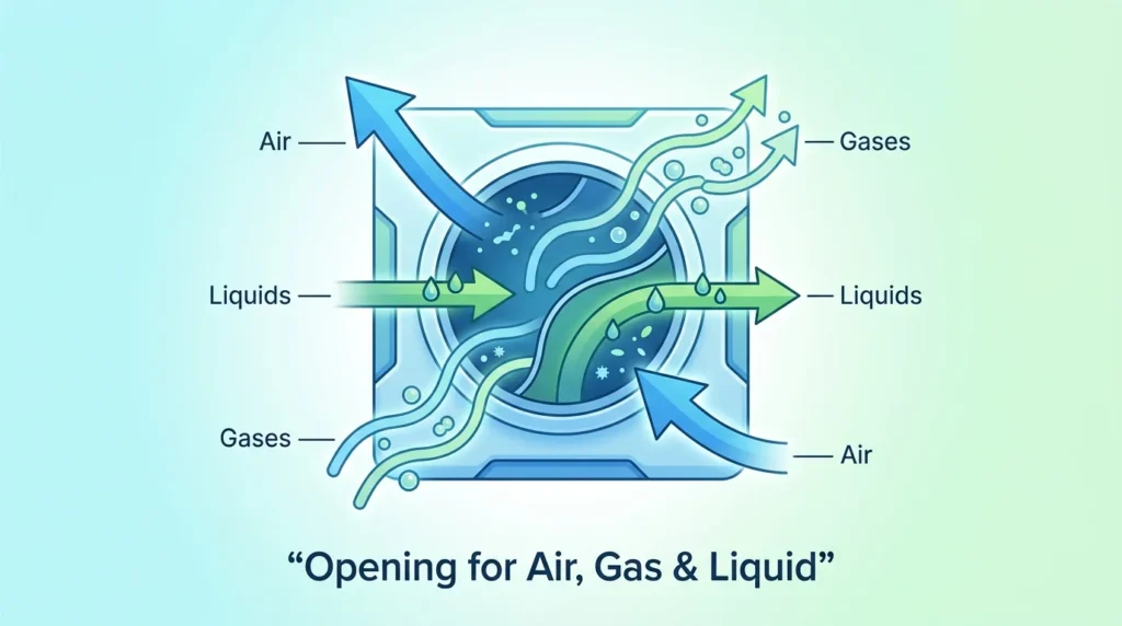 Synonym for outlet: opening for air or liquid
