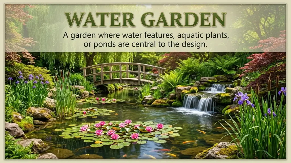 Synonym for park with aquatic garden features